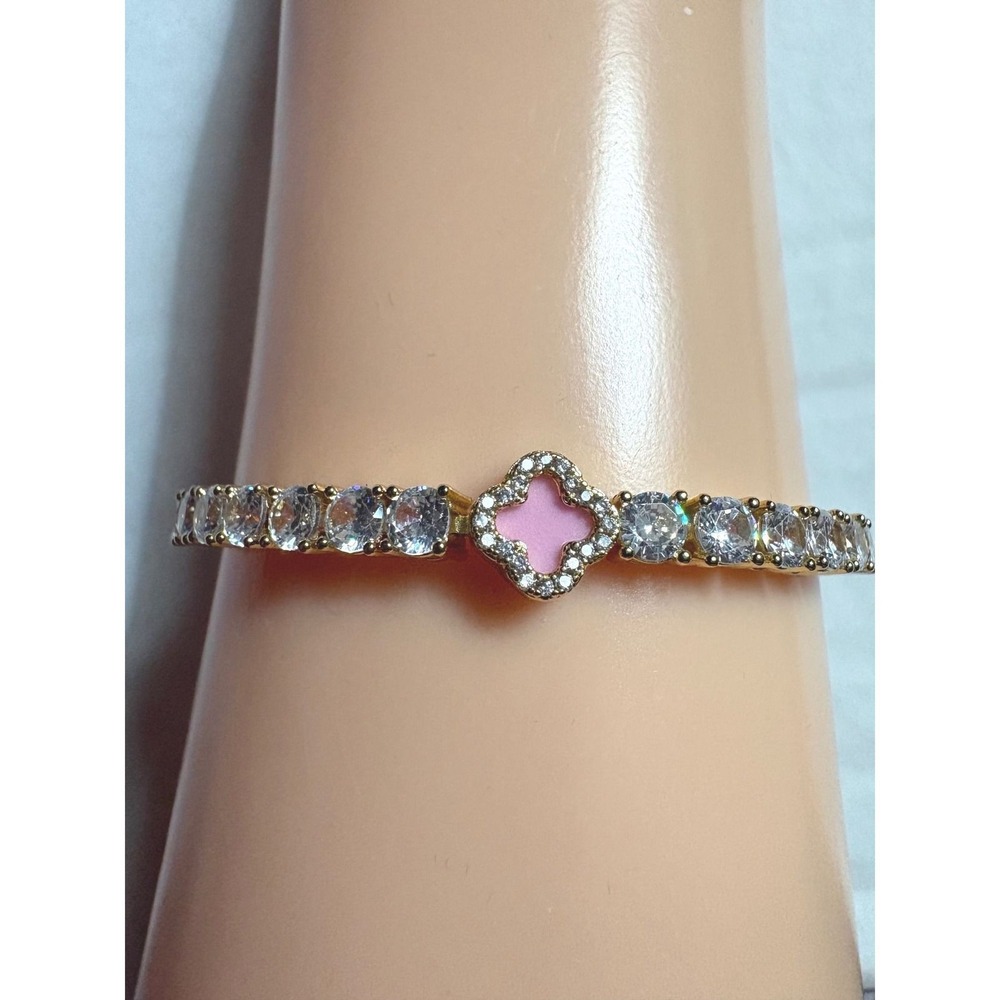 Gold Tone Pink Clover Tennis Bracelet Cubic Zirconia Quatrefoil 8.25 Inch